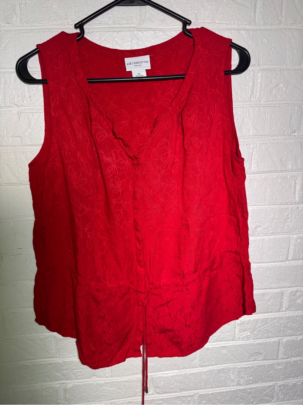 Liz Claiborne Red Sleeveless V-Neck Drawstring Tank with Floral Embroidery